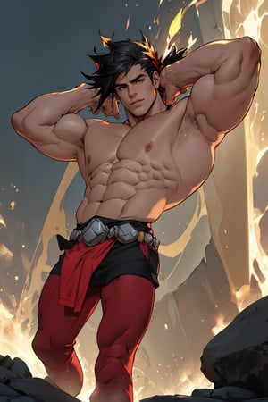 Close-up shot of Zagreus's chiseled physique, showcasing his broad chest, bulging biceps, and powerful shoulders, all exposed and gleaming in the warm golden light. The camera frames his muscular form against a neutral background, emphasizing the contours of his body as he stands confidently with his weight evenly distributed on both feet.