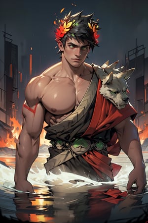 A mystical scene unfolds as Zagreus, a powerful figure with black hair and striking heterochromatic eyes - the left glowing green and the right burning red - wears a laurel crown amidst a somber backdrop. A single, bare shoulder is exposed, emphasizing his muscular physique, adorned with large muscles that ripple beneath his skin like a testament to his strength.