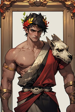 A mythological figure Zagreus, adorned with a laurel crown, stands confidently in the frame. A single, strong-shouldered male gazes directly, his black hair cascading down his muscular back. His heterochromatic eyes, left green and right red, gleam with intensity. Muscles bulge beneath his buff physique, accentuated by his exposed shoulders. The laurel wreath rests atop his skull, a symbol of triumph and wisdom.