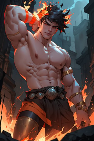 Zagreus stands imposingly, filling the frame with his rugged physique. His muscular arms flex around the gleaming sword, veins prominent beneath scaly skin. In the background, the fiery underworld pit glows with an ominous orange light, casting a warm yet foreboding ambiance on his powerful form as he commands attention.