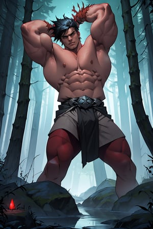 A dark, misty forest glows with an eerie blue light as Zagreus, a powerful demon with a chiseled, muscular physique, stands tall amidst the twisted trees. His eyes gleam like lanterns in the darkness, casting an otherworldly glow on his rugged features. The air is heavy with anticipation as he flexes his massive arms, ready to unleash hellish fury upon the unsuspecting world.