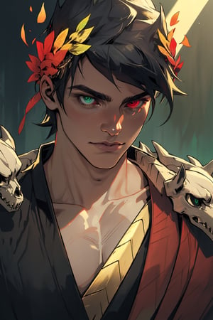 A hauntingly beautiful shot of Zagreus, a dark-haired boy adorned with a laurel crown. He poses proudly, his muscular physique evident beneath his attire. His eyes are an otherworldly feature, with the left eye gleaming like emeralds and the right eye radiating a deep crimson hue due to heterochromia. The skull, symbolizing mortality, is subtly integrated into the scene. Soft, golden lighting illuminates the subject's strong features, while the dark background serves as a striking contrast.