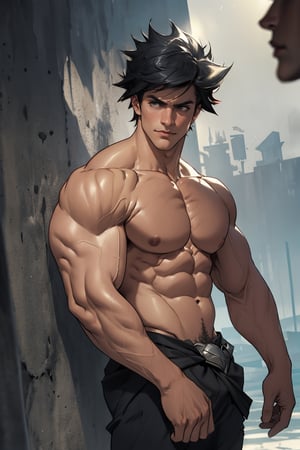 Close-up shot of Zagreus, posed confidently in a powerful stance, showcasing his chiseled and toned physique. His muscular arms flexed, chest broadened, and abs rippled as he stands tall, radiating strength and confidence. Dark, atmospheric lighting enhances the shadows on his body, highlighting every contour and definition. The background is blurred, focusing attention solely on Zagreus's imposing figure.