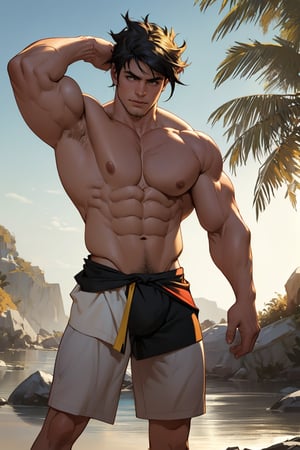 Close-up shot of Zagreus's chiseled physique, showcasing his broad chest, bulging biceps, and powerful shoulders, all exposed and gleaming in the warm golden light. The camera frames his muscular form against a neutral background, emphasizing the contours of his body as he stands confidently with his weight evenly distributed on both feet.