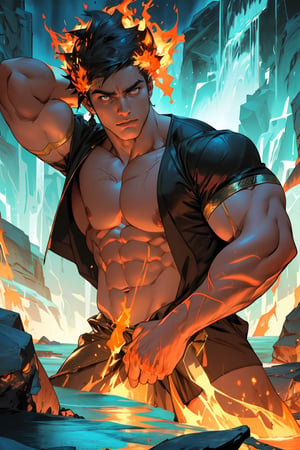A close-up shot of Zagreus standing tall, his massive muscular physique dominating the frame. He stands proudly, his chiseled arms flexing as he holds a gleaming sword, veins bulging beneath skin-tight scales that seem to shimmer in the dim light. The fiery pit of the underworld glows ominously in the background, casting an orange hue over his powerful form and accentuating the sharp contours of his face, eyes blazing with determination as he gazes out into the infernal landscape.