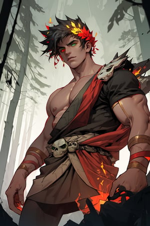 A dark and mystical forest setting, with misty fog swirling around ancient trees. Zagreus, a powerful and muscular boy with jet-black hair, wears a laurel crown atop his skull. His eyes are a striking feature, with the left eye glowing bright green and the right eye burning fiery red due to heterochromia. The camera frames him from below, emphasizing his imposing figure as he stands tall amidst the eerie atmosphere.