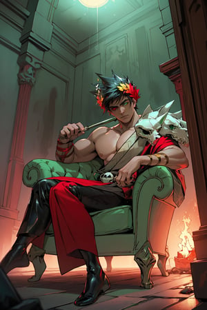 A dark and mystical scene unfolds: Zagreus, a brooding figure with jet-black hair and a laurel crown, dominates the frame. One boy, with a muscular build and striking heterochromia, sits at his feet. The subject's left eye gleams emerald green, while the right burns crimson red. The skull, symbolizing mortality, lies nearby, as if in reverence to Zagreus' dark power. A dimly lit chamber, shrouded in shadows, provides a haunting backdrop for this unsettling tableau.