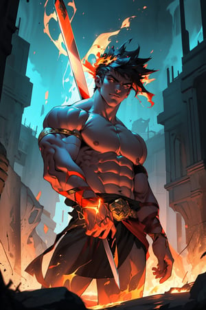 Zagreus stands imposingly, filling the frame with his rugged physique. His muscular arms flex around the gleaming sword, veins prominent beneath scaly skin. In the background, the fiery underworld pit glows with an ominous orange light, casting a warm yet foreboding ambiance on his powerful form as he commands attention.