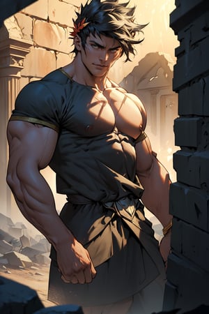 A close-up shot of Zagreus' chiseled physique, highlighting his robust muscles as he stands confidently in a dimly lit, ancient ruin. His rugged features and piercing gaze are framed by crumbling stone walls, while the flickering torchlight casts long shadows across his powerful form.