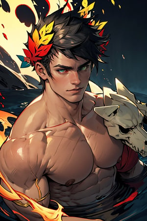 A striking figure emerges against a dark background. Zagreus, the crowned one, stands tall with a laurel wreath adorning his head. A single-shouldered, muscular physique fills the frame. Black hair falls to his shoulders, framing his strong features. His eyes, a unique feature of heterochromia, gleam in the dim light: left eye shines bright green, while right eye blazes with fiery red. The skull-like pallor of his skin adds an eerie tone to the scene. A testament to his physical prowess, large muscles ripple beneath his skin, a true marvel of male strength.