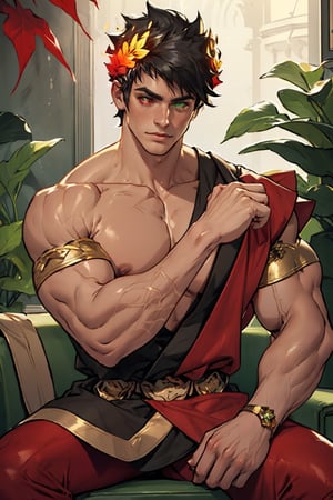 A dark-skinned boy with jet-black hair and striking heterochromia, boasting a left eye of vibrant green and a right eye of fiery red, sits confidently, his muscular physique evident beneath his translucent single-shouldered laurel crown. Muscular arms flexed, showcasing bulging biceps and triceps, as he proudly displays his bold, colorful eyes, the intense gaze drawing attention to his strong, chiseled features.