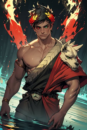 A majestic figure of Zagreus, donning a laurel crown, stands confidently in front of a dark background. A single, toned shoulder is exposed, showcasing his impressive muscular physique. Black hair falls across his forehead, framing the striking heterochromia of his eyes - the left eye shines bright green, while the right eye glows fiery red. His buffed body glistens under the subtle lighting, accentuating the definition of his large muscles as they ripple beneath his skin.