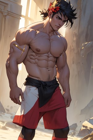 Close-up shot of Zagreus's chiseled physique, showcasing his broad chest, bulging biceps, and powerful shoulders, all exposed and gleaming in the warm golden light. The camera frames his muscular form against a neutral background, emphasizing the contours of his body as he stands confidently with his weight evenly distributed on both feet.