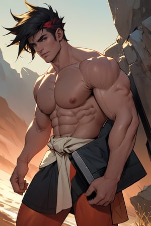 Close-up shot of Zagreus's chiseled physique, showcasing his broad chest, bulging biceps, and powerful shoulders, all exposed and gleaming in the warm golden light. The camera frames his muscular form against a neutral background, emphasizing the contours of his body as he stands confidently with his weight evenly distributed on both feet.