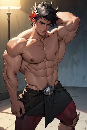 Close-up shot of Zagreus' imposing physique, showcasing his robust muscles as he stands confidently with feet shoulder-width apart, one arm flexed and the other hand resting on hip. Strong overhead lighting accentuates the contours of his physique, casting no shadows to hide any imperfections. The background is a blurred, dark gradient, allowing full focus on Zagreus' chiseled form.
