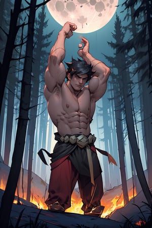 Zagreus stands confidently in a darkened, misty forest, his powerful muscular body shape radiating intensity as he flexes his massive arms, the moonlight casting an eerie glow on his chiseled physique. His eyes burn with an inner fire, as if fueled by ancient powers.