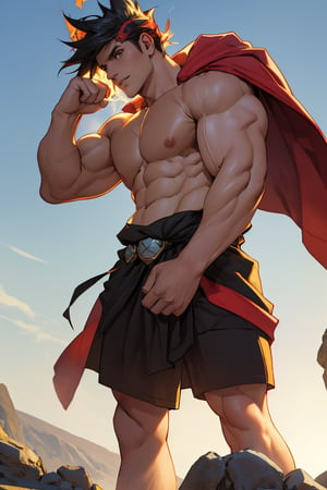 Close-up shot of Zagreus's chiseled physique, showcasing his broad chest, bulging biceps, and powerful shoulders, all exposed and gleaming in the warm golden light. The camera frames his muscular form against a neutral background, emphasizing the contours of his body as he stands confidently with his weight evenly distributed on both feet.