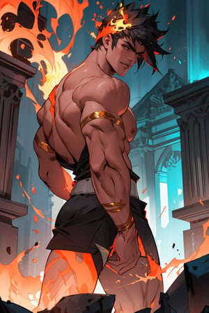 A close-up shot frames Zagreus' imposing physique, his muscular arms flexing as he grasps the gleaming sword, veiny scales glistening with a hint of menace. The fiery pit's orange glow illuminates his powerful form from behind, casting an ominous ambiance that emphasizes his dominating presence.