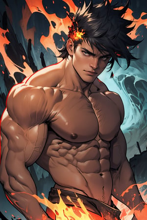 A close-up shot of Zagreus, a powerful demon with a massive, imposing physique, his large muscles rippling beneath his dark, scaly skin as he flexes his arm, the lighting casting deep shadows on his face and highlighting the sharp contours of his features. The background is a dark, eerie abyss, with faint, flickering flames dancing in the distance.