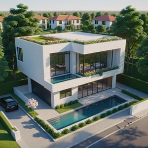 (masterpiece),(high quality), best quality, real,(realistic), super detailed, (full detail),(4k),8k,modern house exterior design,Modern architecture,Beautiful_sky,Day light, no_humans, outdoors,sky,tree,Garden flower front of building, ARIEL VIEW