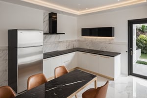 Raw photo,Masterpiece, high quality, best quality, authentic, super detail,
indoors, interior , ((kitchen and dining :1.3)), modern style, daylight, (WHITE WALL),luxury, marble tile floor, fridge, black stone counter top, tilling wall