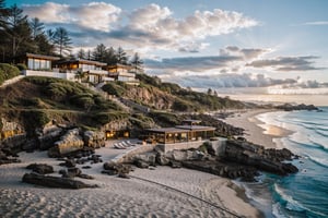 architecture, beach resort, vine, trees, cloud, sunset, vivid colours, sky, masterpiece,best quality,super detailed,realistic,photorealistic, 8k, sharp focus, a photo of a building day light, sun, cloud, RAW Photo, RAW texture, Super Realistic, 32K UHD, DSLR, soft lighting, high quality, film rating, Fujifilm XT3,Masterpiece