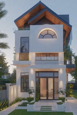 (masterpiece),(high quality), best quality, real,(realistic), super detailed, (full detail),uhd 32k,modern house exterior design,Modern architecture,Beautiful_sky,Day light, no_humans, outdoors,sky,tree,Garden flower front of building, front view