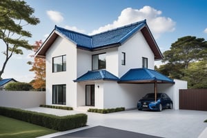 Raw photo,Masterpiece, high quality, best quality, authentic, super detail, exterior, outdoors, house style modern on the street,pavement, grass, trees, sky, cloud, (day:1.1), ((MIX WHITE AND Chocolate style color : 1.3)); (((BLUE COLOR STYLE ROOF TILES : 1.7))), This two-story (town house :1.5) , with a 5-meter-wide frontage, captivates with its refined Japanese-inspired roof design. The façade, simple yet elegant, features clean lines and large windows that invite natural light to pour into the living spaces. 