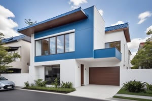 Raw photo,Masterpiece, high quality, best quality, authentic, super detail, exterior, outdoors, house style modern on the street,pavement, grass, trees, sky, cloud, (day:1.1), ((MIX WHITE AND Chocolate style color : 1.3)); (((BLUE COLOR STYLE ROOF TILES : 1.7))), This two-story (narrow store front town house :1.5) , with a 5-meter-wide frontage, captivates with its refined Japanese-inspired roof design. The façade, simple yet elegant, features clean lines and large windows that invite natural light to pour into the living spaces. 