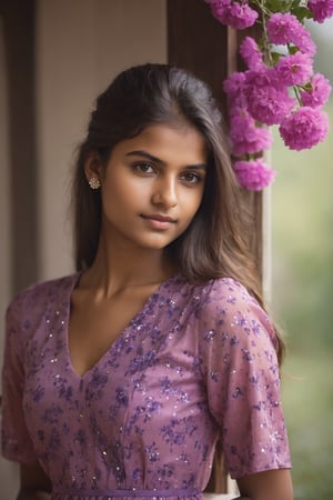 Indian Girl, 20 year old, Hasselblad Award Winner, 50mm, a very cute finnish girl, Diffrent modelling pose, front facing, pony hair, loving, confident, sparkling yes, Dark Brown half-up half-down hairstyle , glossy buff skin texture, sweet and tender girl, adorable face, warm light, half sleeve Pink dress with purple flowers Print,