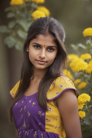 Indian Girl, 20 year old, Hasselblad Award Winner, 50mm, a very cute finnish girl, Diffrent modelling pose, front facing, pony hair, loving, confident, sparkling yes, Dark Brown half-up half-down hairstyle , glossy buff skin texture, sweet and tender girl, adorable face, warm light, half sleeve yellow dress with purple flowers Print,