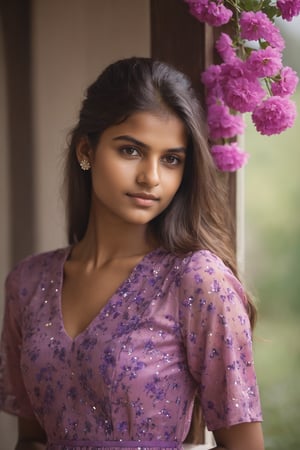 Indian Girl, 20 year old, Hasselblad Award Winner, 50mm, a very cute finnish girl, Diffrent modelling pose, front facing, pony hair, loving, confident, sparkling yes, Dark Brown half-up half-down hairstyle , glossy buff skin texture, sweet and tender girl, adorable face, warm light, half sleeve pink dress with purple flowers Print,