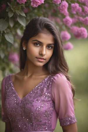 Indian Girl, 20 year old, Hasselblad Award Winner, 50mm, a very cute finnish girl, Diffrent modelling pose, front right facing, pony hair, loving, confident, sparkling yes, Dark Brown half-up half-down hairstyle , glossy buff skin texture, sweet and tender girl, adorable face, warm light, half sleeve pink dress with purple flowers Print,