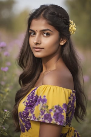 Indian Girl, 20 year old, Hasselblad Award Winner, 50mm, a very cute finnish girl, Diffrent modelling pose, front facing, pony hair, loving, confident, sparkling yes, Dark Brown half-up half-down hairstyle , glossy buff skin texture, sweet and tender girl, adorable face, warm light, half sleeve yellow dress with purple flowers Print,