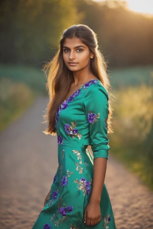 Indian Girl, 20 year old, Hasselblad Award Winner, 50mm, a very cute finnish girl, modelling pose, front facing, pony hair,loving, confident, sparkling seagreen eyes, Brown half-up half-down hairstyle , glossy buff skin texture, sweet and tender girl, adorable face, warm light, long_sleeve yellow dress with purple flowers on it, walking with handbag, fashion show, lighting