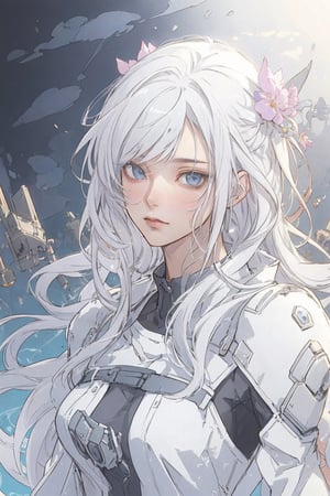 ((masterpiece)), ((best quality)), ((illustration)), extremely detailed,style girl, long shot, small breast,light grey very_long_hair, scifi hair ornaments, beautiful detailed deep eyes, beautiful detailed sky, beautifuldetailed water, cinematic lighting