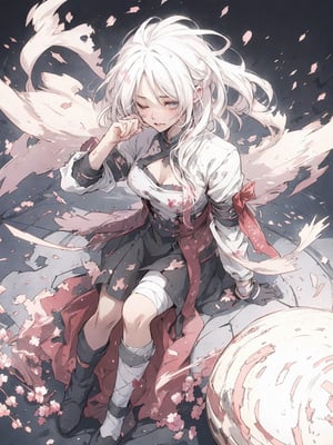full body,Blood Mist, background_Urban rooftop,1 girl,despair,blood sakura,((masterpiece)), (((best quality))), ((ultra-detailed)), ((illustration)), ((disheveled hair)),Blood Cherry Blossom,torn clothes,tearing with eyes open,solo,Blood Rain,bandages,Gunpowder smoke,beautiful deatailed shadow, Splashing blood,dust,tyndall effect