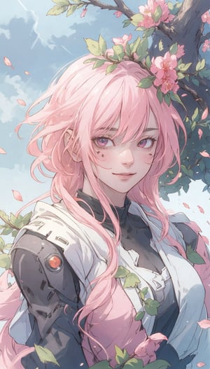 (The king),(Cyberpunk Treeman),smiling teen girl, metal leaves,wired branches,glowing light eyes,mechanical bark,with moss-covered bark,tribe outfit,(ancient tribal markings),control tendrils extending from the arms,Neon lights dancing on the body,(Lightning around branches and leaves),(peach blossom),Soft and delicate petals,vivd colour,(A harmonious blend of green and pink),(Ominous dark clouds in the sky),Night atmosphere,A futuristic,Vivid colors and high-contrast lighting,Dramatic shadows and highlights.(best quality, 4k, 8k, masterpiece: 1.2), ultra fine, (realistic, photo realistic, photo realistic: 1.37)