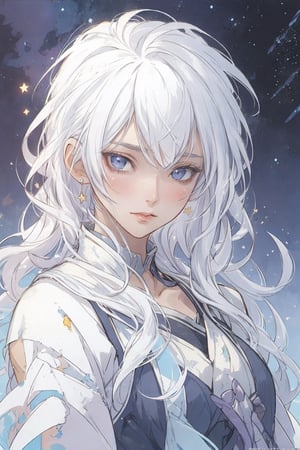 masterpiece, best quality, illustration, stars in the eyes,dishevelled hair,Starry sky adorns hair,1 girl,sparkling anime eyes,beautiful detailed eyes, beautiful detailed stars,blighting stars,emerging dark purple across with white hair,multicolored hair,beautiful detailed eyes,beautiful detailed sky, beautiful detailed water, cinematic lighting, dramatic angle,