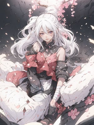 full body,Blood Mist, background_Urban rooftop,1 girl,despair,blood sakura,((masterpiece)), (((best quality))), ((ultra-detailed)), ((illustration)), ((disheveled hair)),Blood Cherry Blossom,torn clothes,tearing with eyes open,solo,Blood Rain,bandages,Gunpowder smoke,beautiful deatailed shadow, Splashing blood,dust,tyndall effect