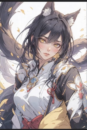 fox_tail,black-hair,5_figners,yellow_eyes,fox_girl,fox_ears,Ahri,midjourney,upper_body,1 girl,More Detail,perfect light,CJ painting