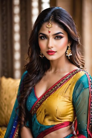 An alluring Indian model posing seductively on a bed of yellow satin, her body arched and curves accentuated by the soft folds of the luxurious fabric. Her long, dark hair cascades over one shoulder, framing her flawless olive skin. She wears a jeans top, its vibrant colors and intricate embroidery contrasting beautifully with her caramel complexion. The sari is draped sensually across her left shoulder, revealing a tantalizing glimpse of her supple midriff, and is held in place by a jeweled belt at her waist.  A ruby-encrusted nose ring adorns her nose, adding an exotic touch to her already captivating features. Her lips are painted a deep shade of red, matching the color of the satin beneath her. The model's expression is one of sultry confidence, her eyes locked on the viewer, inviting them into her world of sensuality and allure.