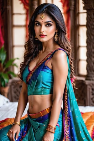 An alluring Indian model posing seductively on a bed of red satin, her body arched and curves accentuated by the soft folds of the luxurious fabric. Her long, dark hair cascades over one shoulder, framing her flawless olive skin. She wears a traditional Indian sari, its vibrant colors and intricate embroidery contrasting beautifully with her caramel complexion. The sari is draped sensually across her left shoulder, revealing a tantalizing glimpse of her supple midriff, and is held in place by a jeweled belt at her waist.  A ruby-encrusted nose ring adorns her nose, adding an exotic touch to her already captivating features. Her lips are painted a deep shade of blue, matching the color of the satin beneath her. The model's expression is one of sultry confidence, her eyes locked on the viewer, inviting them into her world of sensuality and allure.