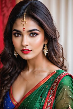 An alluring Indian model posing seductively on a bed of red satin, her body arched and curves accentuated by the soft folds of the luxurious fabric. Her long, dark hair cascades over one shoulder, framing her flawless olive skin. She wears a traditional Indian sari, its vibrant colors and intricate embroidery contrasting beautifully with her caramel complexion. The sari is draped sensually across her left shoulder, revealing a tantalizing glimpse of her supple midriff, and is held in place by a jeweled belt at her waist.  A ruby-encrusted nose ring adorns her nose, adding an exotic touch to her already captivating features. Her lips are painted a deep shade of red, matching the color of the satin beneath her. The model's expression is one of sultry confidence, her eyes locked on the viewer, inviting them into her world of sensuality and allure.