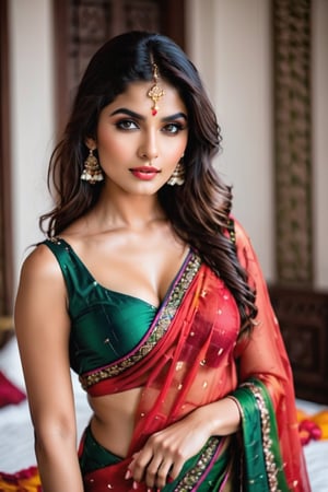 An alluring Indian model posing seductively on a bed of red satin, her body arched and curves accentuated by the soft folds of the luxurious fabric. Her long, dark hair cascades over one shoulder, framing her flawless olive skin. She wears a traditional Indian sari, its vibrant colors and intricate embroidery contrasting beautifully with her caramel complexion. The sari is draped sensually across her left shoulder, revealing a tantalizing glimpse of her supple midriff, and is held in place by a jeweled belt at her waist.  A ruby-encrusted nose ring adorns her nose, adding an exotic touch to her already captivating features. Her lips are painted a deep shade of green, matching the color of the satin beneath her. The model's expression is one of sultry confidence, her eyes locked on the viewer, inviting them into her world of sensuality and allure.