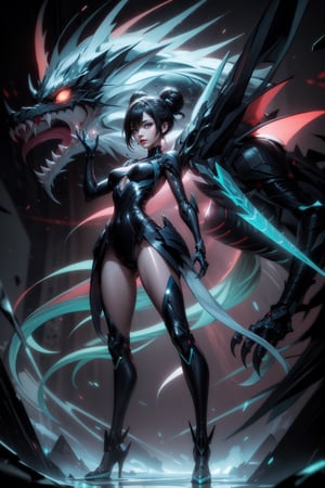 Create a highly detailed digital illustration of a powerful woman in a futuristic, hi-tech theme, standing confidently in front of a massive dragon. The woman is dressed in a sleek, form-fitting black outfit with neon blue accents, featuring intricate glowing circuitry patterns that pulse with energy. Her hair is styled into a high-tech, slick bun, adding to her commanding presence. In her right hand, she holds a glowing, futuristic sword with neon blue energy radiating from the blade, while her left hand is raised in the air, as if controlling a powerful force.

The dragon behind her is a massive, mechanical beast with a sleek, black metallic body illuminated by glowing neon blue lines. Its eyes burn with a neon glow, and its sharp claws and fangs reflect its technological design. Blue neon lights pulse through its form, and it seems to emit an aura of electric energy. The background is a dark, high-tech landscape, with glowing grids and circuitry, enhancing the futuristic feel. The scene is dynamic and intense, with the overall mood conveying power and strength, highlighting the woman's determination as she faces the high-tech dragon.