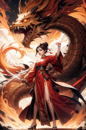 Create a highly detailed digital illustration of a powerful woman in a traditional Chinese dress, standing confidently in front of a massive, roaring dragon. The woman is dressed in an ornate red and gold kimono, featuring intricate patterns and designs that reflect elegance and tradition. Her hair is styled neatly into a bun, adding to her regal presence. In her right hand, she wields a sword, raised with purpose, while her left hand is lifted in the air, poised to strike, showing her readiness for battle.

The dragon behind her is a fierce, golden-colored creature, with sharp, menacing teeth and claws, its body engulfed in flames and smoke. The dragon's roaring expression and the swirling fire give the scene a dynamic and intense energy. The background is a deep red, symbolizing strength and intensity, with soft white clouds floating in the foreground to add contrast. The overall mood of the image should be fierce and empowering, showcasing the woman’s strength and determination as she faces the mighty dragon.