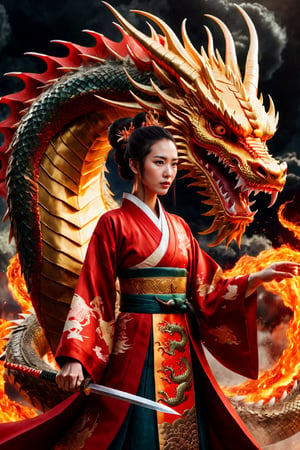 Create a realistic fantasy image of a fierce and powerful woman in a traditional Chinese dress, standing confidently in front of a large, fearsome dragon. The woman is dressed in an elegant red and gold kimono, adorned with intricate patterns and designs that shimmer in the light. Her hair is styled in a neat bun, with a few loose strands framing her face. In her right hand, she grips a gleaming sword, poised for action, while her left hand is raised as if she's about to strike the dragon.

The dragon behind her is an enormous, golden-colored beast with sharp, gleaming teeth and razor-sharp claws. Its body is engulfed in flames and smoke, with fiery tendrils swirling around it, giving off a sense of raw power. The dragon is roaring, its massive form menacing and full of energy. The background is deep red, enhancing the intensity of the scene, with soft, white clouds floating in the foreground for contrast. The mood of the image is one of strength, determination, and fierce energy, emphasizing the powerful connection between the woman and the dragon as they stand together, ready to face any challenge.