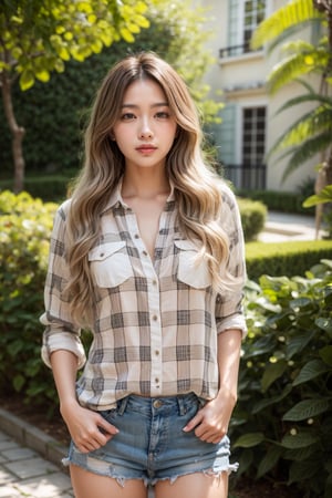 A portrait of a very beautiful Korean woman with fair, radiant skin, standing confidently in a sunlit garden. She has long, flowing blonde hair styled in loose, natural waves, cascading gently past her shoulders, enhancing her striking beauty. Her outfit is casual yet stylish, consisting of a red and white plaid shirt that subtly highlights her figure and adds a touch of color to her look. She pairs this with denim shorts with frayed edges, showcasing her legs and adding a relaxed, summer vibe. Her posture is poised, with her body slightly turned to show off her curves, and she holds a straw hat delicately in her left hand. Her gaze is directed off to the side, conveying a sense of quiet contemplation, and her expression is serious, adding depth to her character. The background is softly blurred, with hints of lush greenery, trees, and bushes, suggesting a peaceful garden setting bathed in natural light.