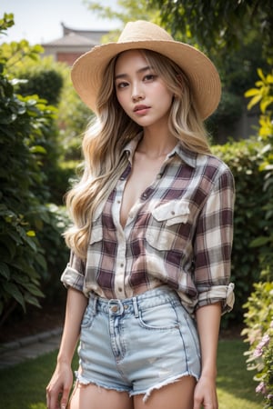 A portrait of a very beautiful Korean woman with fair, radiant skin, standing confidently in a sunlit garden. She has long, flowing blonde hair styled in loose, natural waves, cascading gently past her shoulders, enhancing her striking beauty. Her outfit is casual yet stylish, consisting of a ((red and white)) plaid shirt that subtly highlights her figure and adds a touch of color to her look. She pairs this with denim shorts with frayed edges, showcasing her legs and adding a relaxed, summer vibe. Her posture is poised, with her body slightly turned to show off her curves, and she holds a straw hat delicately in her left hand. Her gaze is directed off to the side, conveying a sense of quiet contemplation, and her expression is serious, adding depth to her character. The background is softly blurred, with hints of lush greenery, trees, and bushes, suggesting a peaceful garden setting bathed in natural light.